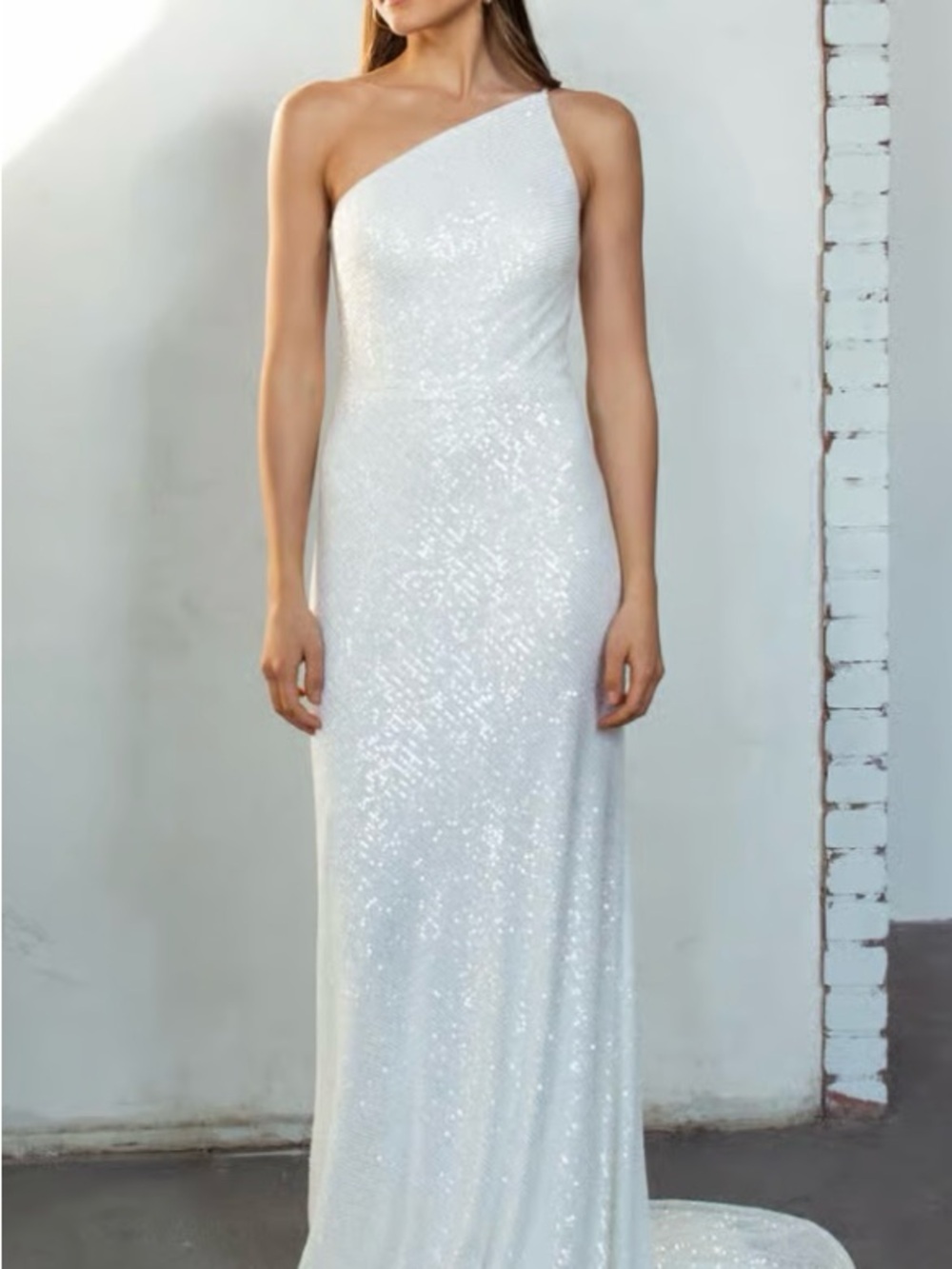 Jenny Yoo One-Shoulder White Sequin Sparkle Zara Wedding Gown